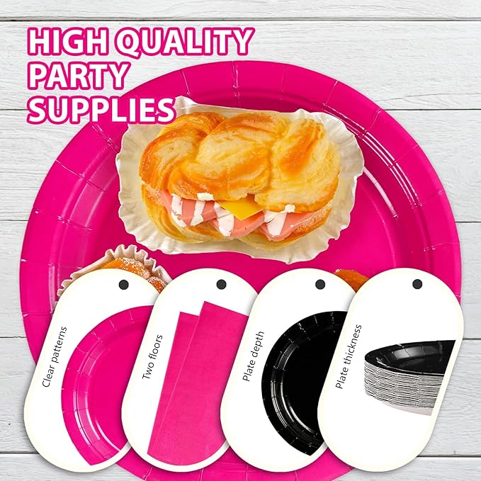 200Pcs Hot Pink and Black Birthday Decorations Hot Pink Party Plates and Napkins Disposable Heavy Duty Pink and Black Tableware Set for Valentine?™s Day Girls Women Birthday Bridal Shower Gender Reveal