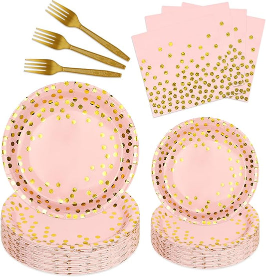 100 Pcs Pink and Gold Paper Plates and Napkins Party Supplies,Serves 25 Guests Pink Gold Plates and Napkins,Disposable Paper Tableware Set for Birthday Wedding Bridal Shower Baby Shower Decorations