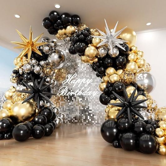 Black Gold and Silver Balloon Arch Garland Kit 153pcs with Star, 22 18 12 10 5in Different Size Black Gold Sliver Balloons for Birthday Anniversary 2026 Graduation New Year Party Decoration