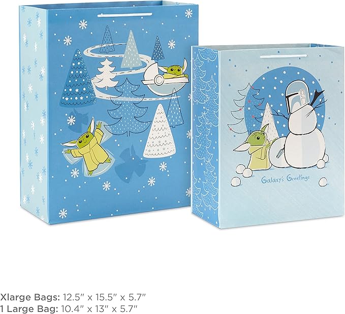 Hallmark Star Wars The Mandalorian Gift Bag Set (2 Bags: 1 Large 13", 1 XL 15") "Galaxy's Greetings, Grogu for Christmas, Birthdays, Grandkids, Fans, May the 4th