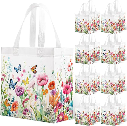 Sweetude 16 Pcs Wildflower Gift Bag with Handles Wildflower Butterfly Party Favors Non Woven Reusable Tote Bags for Baby Shower Spring Summer Floral Birthday Party Decorations