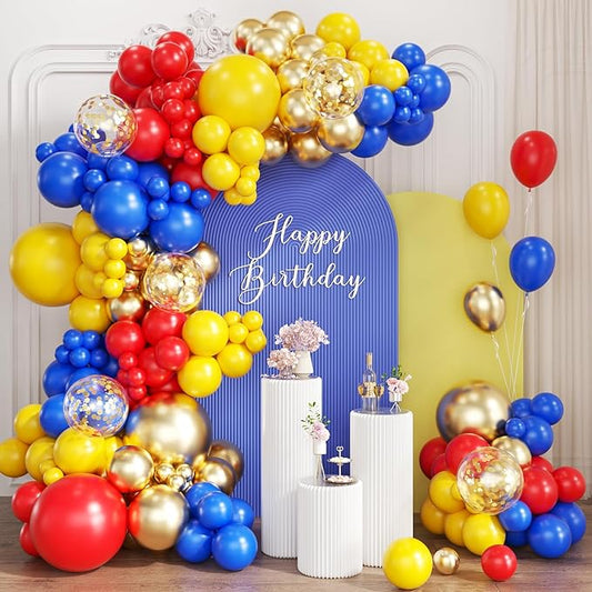 Red Blue Yellow Balloons Garland Arch Kit, 167Pcs Latex Balloons Different Sizes for Snow Beauty White Birthday Bridal Baby Shower Wedding Carnival Circus Cartoon Theme Party