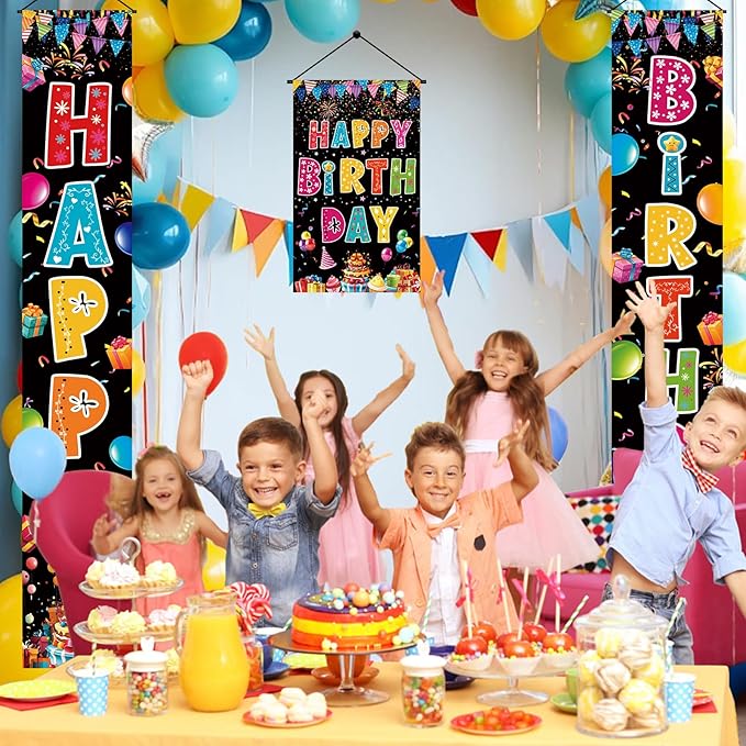 3 PCS Colorful Happy Birthday Banner Door Porch Sign Photography Black Background Party Supplies for Kids Boys Girls Birthday Party Supplies Indoor Outdoor Decor(Black)