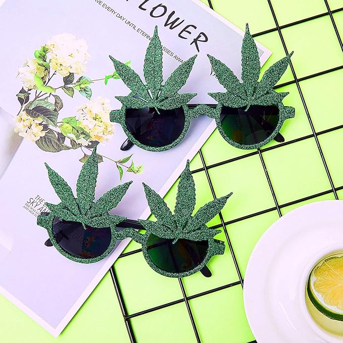 5 Pairs Marijuana Glasses Glittered Weed Glasses Pot Leaf Round Lens Sunglasses for Halloween Costume Green