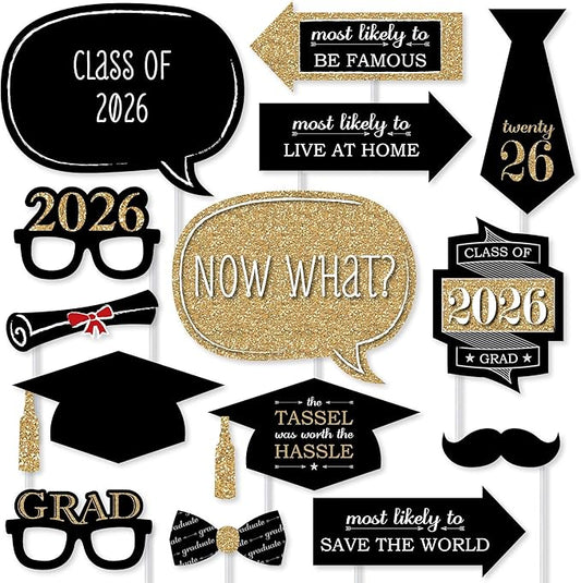 Big Dot of Happiness Graduation Props for Photoshoot 2026, 20-Count Set of High School Senior Photo Booth Props for Pictures and Graduation Party Decorations - Gold