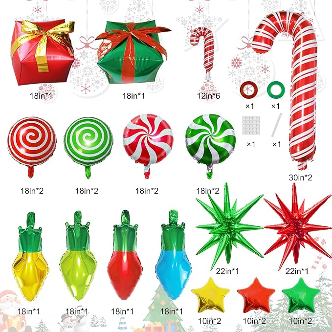 35Pcs Christmas Foil Balloons Set, Xmas Swirl Candy Cane Light Star Mylar Big Gift Boxes Balloons for Christmas New Year Xmas Party Decorations