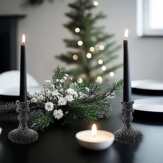 Glass Candlestick Holder,Striped Taper Candle Holders,Set of 6 Candle Stand for Table Centerpieces, Home Decor,Weddings,Festival and Parties (Black Diamond)