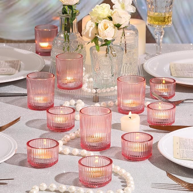 NITIME 20pcs Assorted Ribbed Pink Votive Candle Holders, Tealight Candle Holder for Valentine's Day, Pink Candle Holders for Wedding Table Decor, Mother' s Day, Bridal Shower and Party Decorations