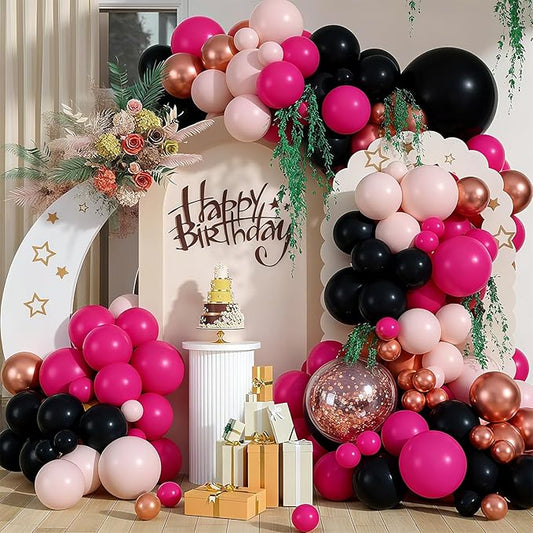 Hot Pink and Black Balloon Garland Arch Kit, 127pcs Latex Balloons for Sweet 16 Bachelorette Bridal Shower Coquette Birthday Party Decorations for Women and Girls