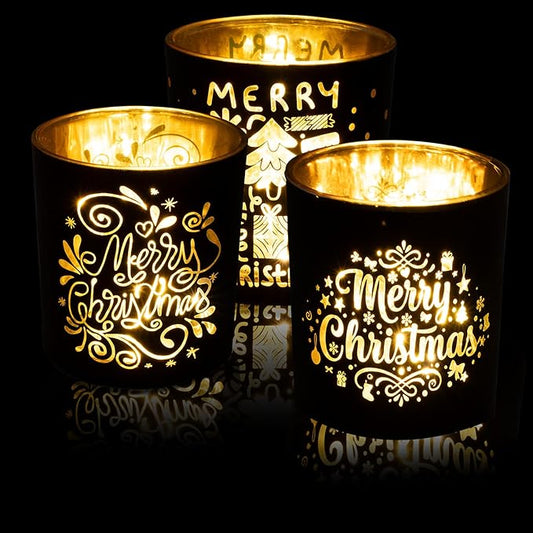 Rancco Votive Candle Holders, Christmas Black and Gold Glass Tea Light Candle Holder Set of 3, Vintage Candlesticks for Christmas Table Centerpieces, Birthday, Party, Home Tea Party Decor