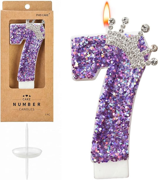 Birthday Number Candles,Purple Crown Birthday Candles for Cake,Glitter Number 7 Candle Cake Topper with Sequins for Anniversary Celebrations Supplies