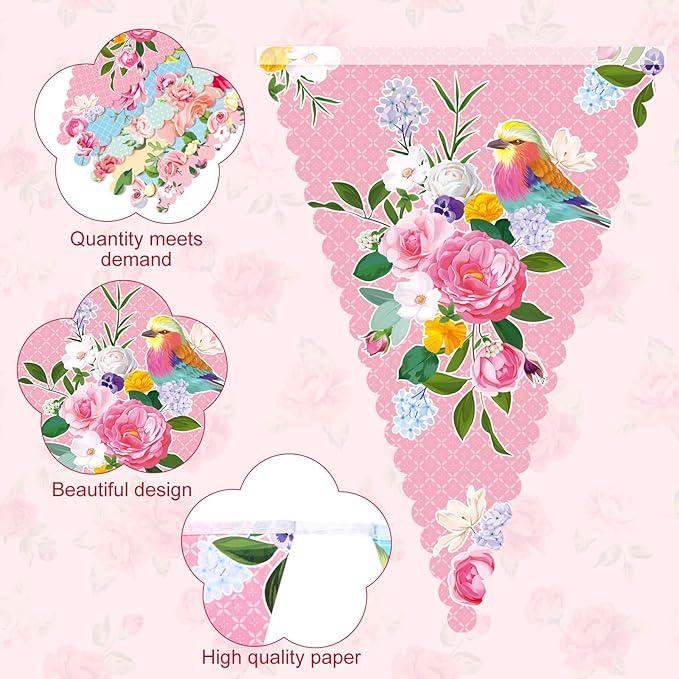 Faccito 49 Ft 60 Pcs Tea Floral Party Paper Bunting Decor Outdoor Bunting Banner Floral Pennant Wildflower Garland Tea Party Birthday Supplies for Wonderland Garden Baby Shower Bridal Wedding Bedroom