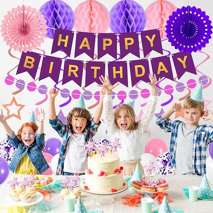 69Pcs Birthday Decorations Purple Happy Birthday Banner Balloons Honeycomb Balls Paper Fans Hanging Swirl Stars Garland Cupcake Toppers Party Decorations for Women Men
