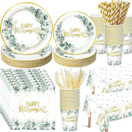 Potchen 452 Pcs Party Supplies Serve 50 Guests, Paper Plates Napkins Cups Cutlery Plastic Tablecloth Dinnerware for Birthday Wedding Party Decoration (Sage Green Gold, Retirement)