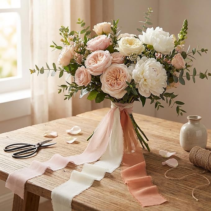 Frayed Edge Chiffon Ribbon 3 Pack, 1.5 Inch Wide Polyester Chiffon Ribbon, 21 Yards Total in Light Pink, Beige and Dark Snow Bud for Bouquet Wrapping, Wedding Decorations and Gift Packaging