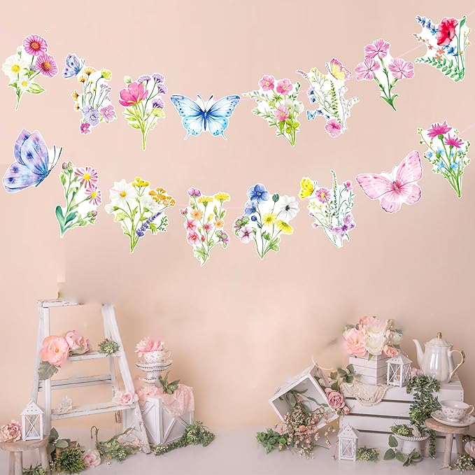 Wildflower Party Banners 2PCS Wildflower Birthday Party Supplies Spring Floral Party Decorations Wildflowers Themed Cutout Banner for Girl Women Garden Themed Decor