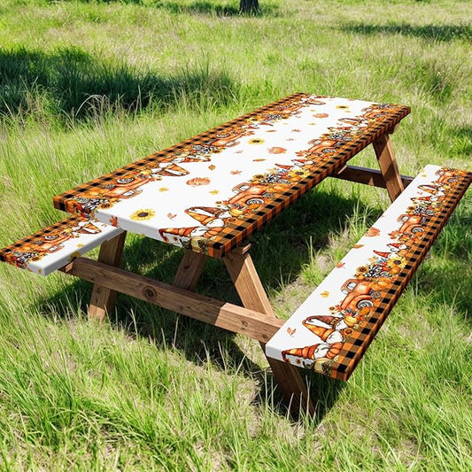 Fall Picnic Table Cover with Bench Covers, Camping Essentials, Thanksgiving Buffalo Plaid Floral Waterproof Windproof, Fitted Tablecloth Cover with Elastic Edge, Indoor & Outdoor, 3 PCS, 30x96 Inch