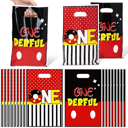 JuPelozak Cartoon Party Favor Bags - 50pcs Cartoon Themed Goodie Bag, Onederful 1 Years Old Candy Cookies Gift Decor for Toddler Girls Boys, 1st Birthday Holiday Celebration Decorations Supplies