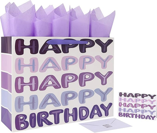 Qirrmiy 16.5" Extra Large Purple Happy Birthday Gift Bag Set with Handles, Greeting Card, Tissue Papers and Stickers for Women Girls Kids Teens, Words Design, 1 Pcs