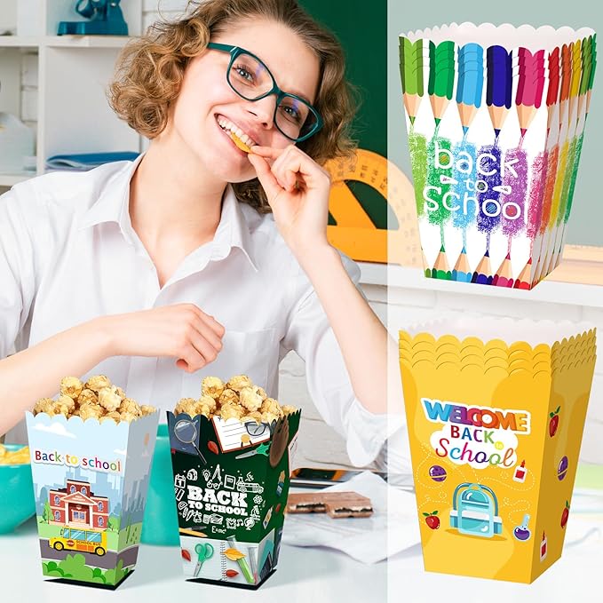 Gueevin 24 Pcs Back to School Popcorn Boxes Treat Boxes Candy Cookie Container Welcome Back to School Holder Teacher Gift for Classroom Decoration Supplies