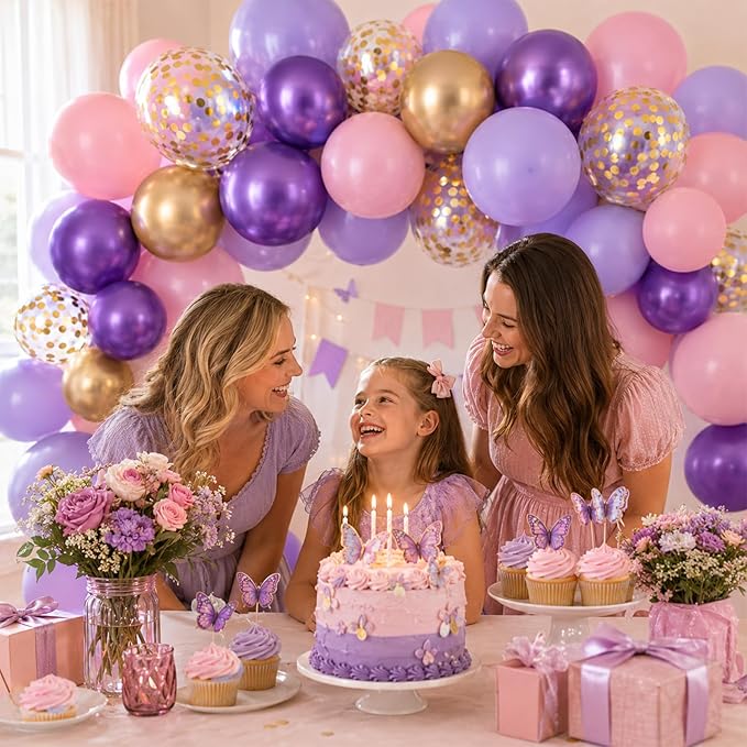 Pink and Purple Balloons, 60PCS Pastel Purple and Pink Balloons, 12 Inch Metallic Gold Confetti Latex Balloon for Women Girls Baby Shower Bridal Shower Birthday Butterfly Party Decor