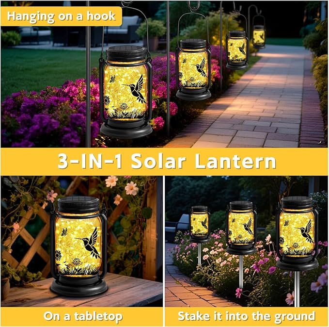 Hummingbird Solar Lanterns 3-in-1 Outdoor Waterproof - Birthday Gifts for Women Mom Christmas, Mason Jar Hanging Lanterns with Stake, Garden Decor Lights for Patio Yard Porch Lawn Balcony Decorations