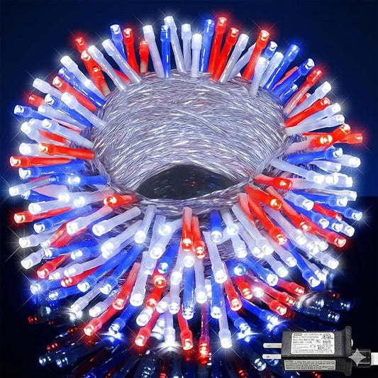 Red White and Blue String Lights, 66FT 200 LED 4th of July Lights Outdoor Waterproof with 8 Modes, Twinkle Fairy Light for Indoor Independence Memorial Day House Holiday Decorations