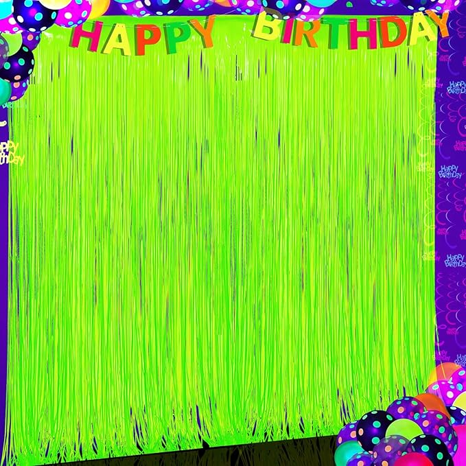 Glow in The Dark Party Supplies 2 Pack Neon Party Decorations Fluorescent Tinsel Foil Fringe Curtains Photo Booth Prop Backdrop Streamer Blacklight Decorations (Neon Yellow)