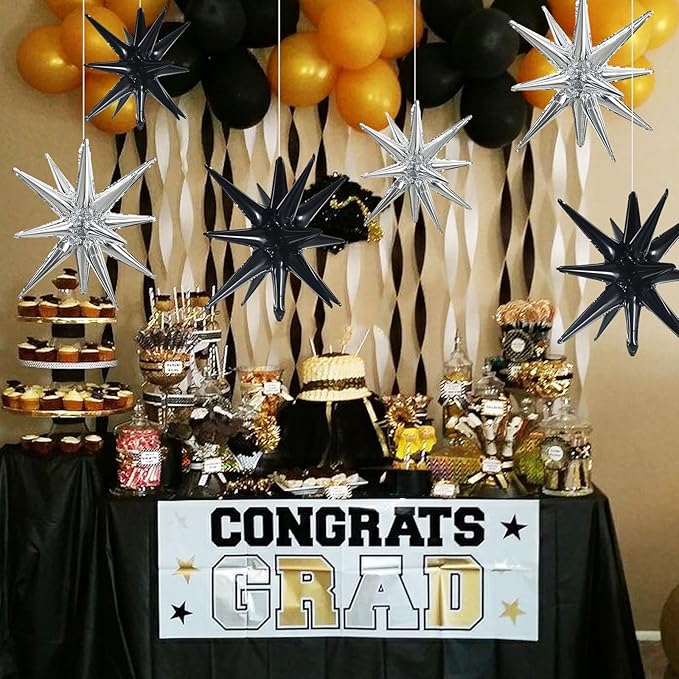 TONIFUL 8 Pcs Black Silver Star Balloons Large Explosion Star Mylar Decorations for Party Backdrop Christmas New Year Birthday Wedding Baby Shower Anniversary Photo Booth Supplies