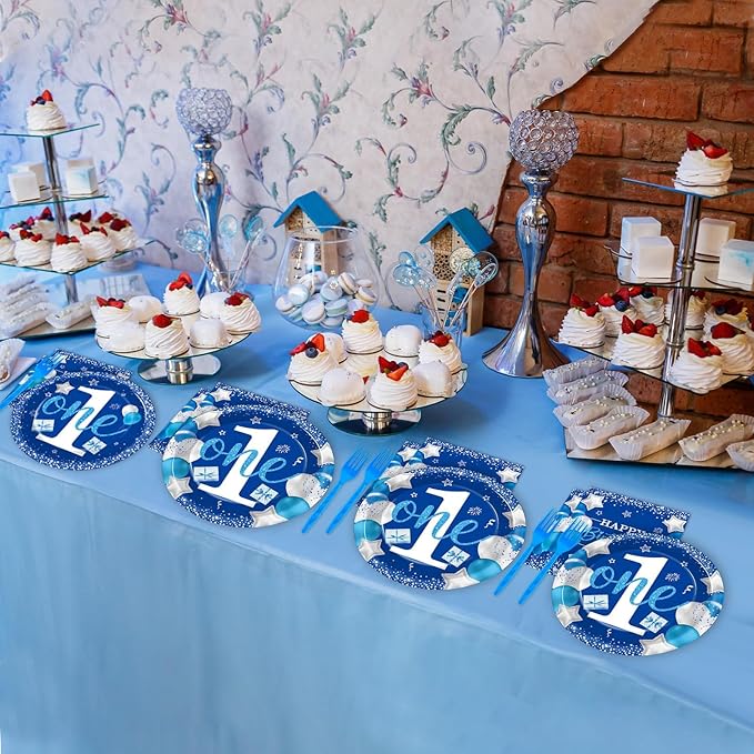 Wiooffen Boy 1st Birthday Party Tableware Set, Blue, 96 Pcs, 24 Guests, Paper Plates, Napkins, Forks