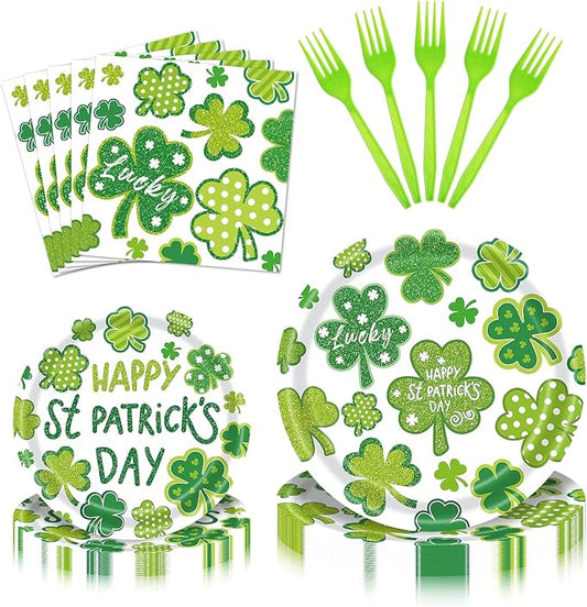 96 Pieces St. Patrick’s Day Tableware Set – Green Shamrock Disposable Plates Napkins Forks with “Happy St. Patrick’s Day” Lucky Clover Designs for Holiday Parties Irish Celebrations – Serves 24