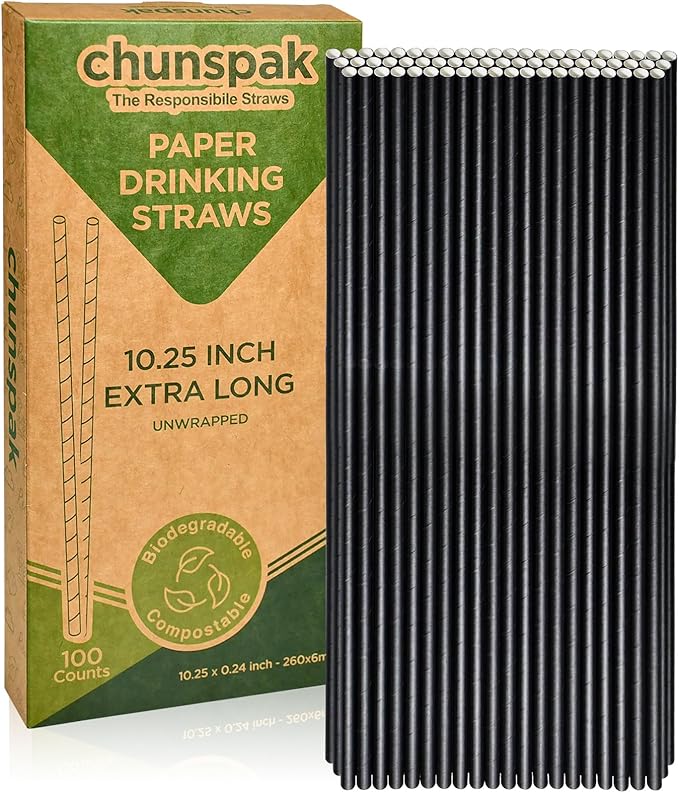 10 Inch Tall Disposable Black Paper Drinking Straws, 0.24" Diameter - Pack of 100