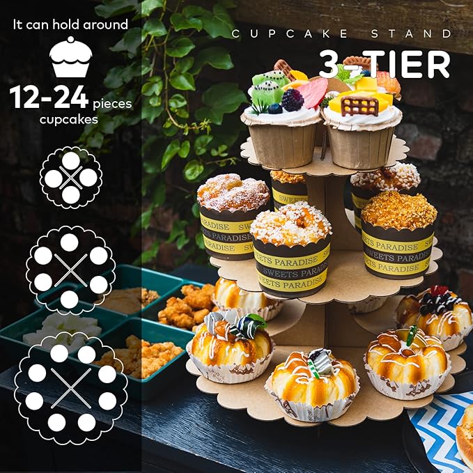 3-Tier Brown Cupcake Stand, Vintage Kraft Paper Dessert Display Tower, Rustic Party Serveware for Wedding Birthday Baby Shower (2-Pack) ﻿