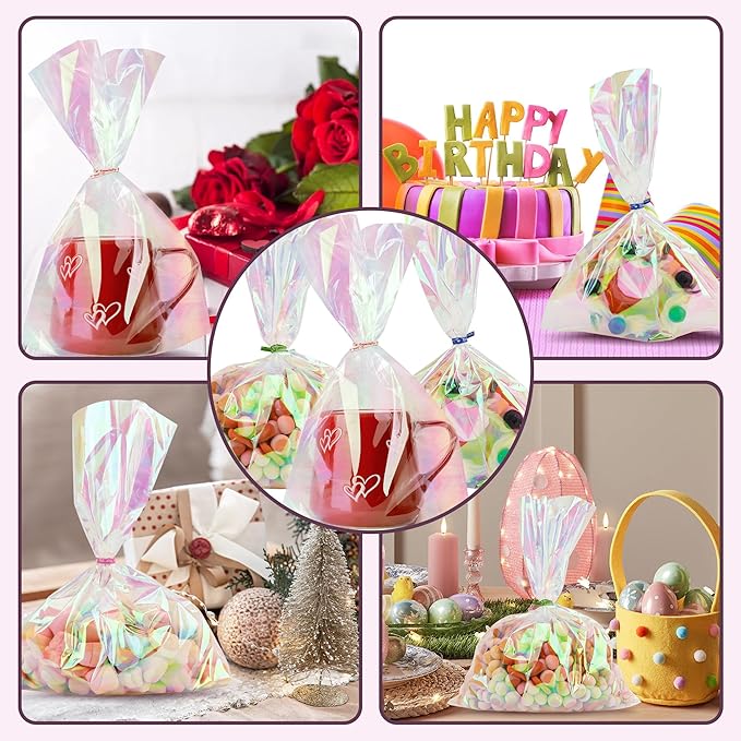100 PCS Holographic Bags(8x11 Inch) with Colorful Ties, Clear PLastic Iridescent Cellophane Goodie Gift Treat Candy Goody Cookie Bags for Holiday Birthday Baby Shower Party Favors Supplies Decorations