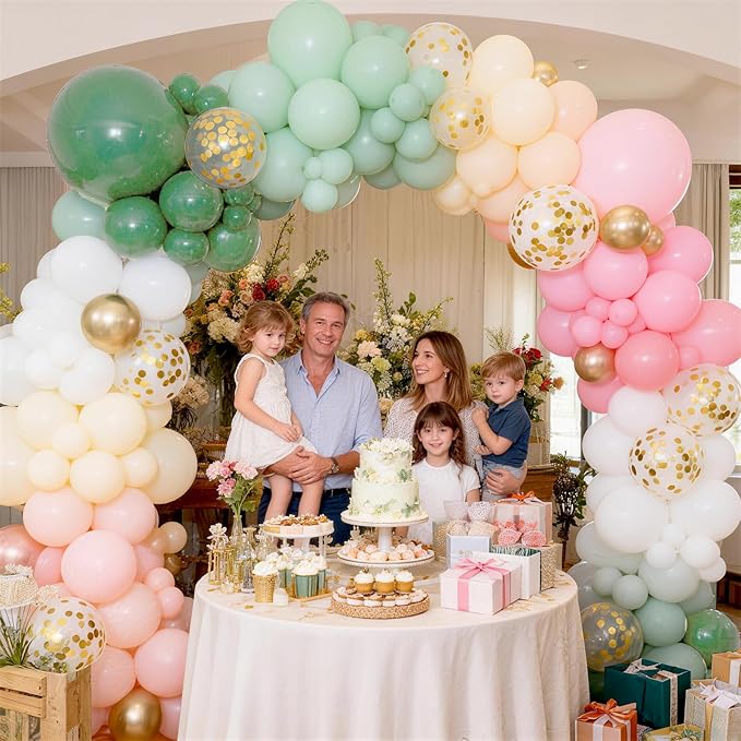 Sage Green and Pink Balloons, Dusty Green Pastel Pale Pink Light Orange Ivory White Metallic Gold Balloon with Confetti Balloon for Boho Birthday Party Baby in Bloom Flower Baby Shower Tea Decorations