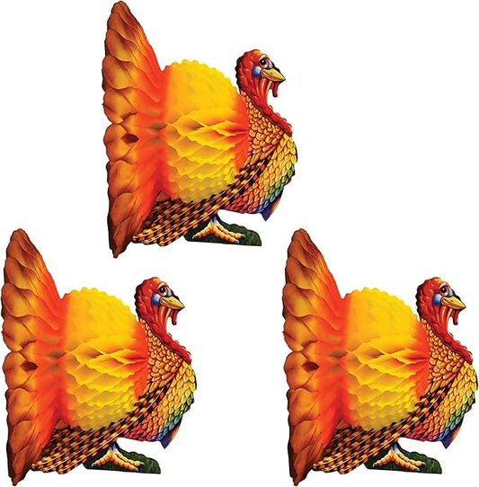 Beistle 3 Piece Tissue Paper Turkey Centerpieces For Thanksgiving Day Party Decoration, Autumn Fall Harvest Home Decor