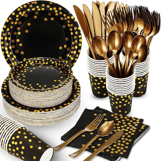 Sieral 560 Pcs Black and Gold Party Supplies for 80 Guests Golden Dot Tableware Kits Black Paper Plates Cups Napkins Gold Plastic Fork Knives Spoons for Birthday Retirement Graduation Party Decor