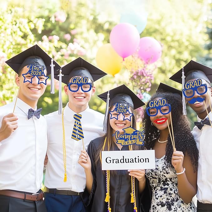 Avezano Graduation Photo Booth Props, 21pcs Graduations Picture Props 2026 for Photoshoot, Grad Photo Props for Photobooth Class of 2026 Party Decorations Set Party Favors Supplies (Blue and Gold)