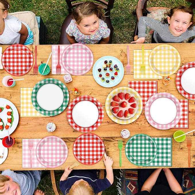 96 Pcs Camp Checkered Paper Plates and Napkins Plaid Checkered Bachelorette Party Supplies Glamping Birthday Tableware Set Spring Summer Plaid Camping Themed Party Favors Baby Bridal Shower