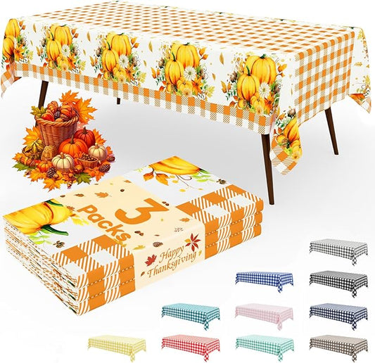 Smiry 3 Pack Gingham Disposable Table Cloth, 54 x 108 Inch Waterproof Plastic Tablecloth, Rectangle Orange Checkered Pumpkin Table Covers for Thanksgiving, Harvest, Birthday, Party