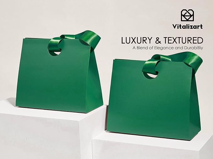 Vitalizart Paper Gift Bags With Ribbon Handles Set of 10 Green Bulk Reusable For Gift Wrap Girls Kids Birthday Bridal Shower Party Favors Goodie Bags Candy Toys Christmas 7.87"x3.54"x7.09" Small Size