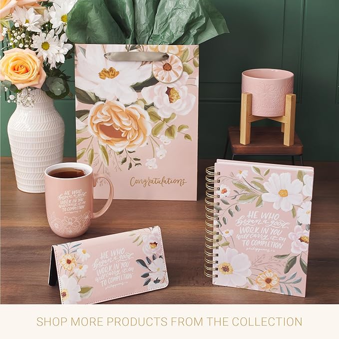 Christian Art Gifts Large Portrait Inspirational Gift Bag, Tag & Wrapping Tissue Paper Set for Women: Congratulations, Weddings, Anniversaries, Satin Ribbon Handles, Peach Pink/Gold Multicolor Floral