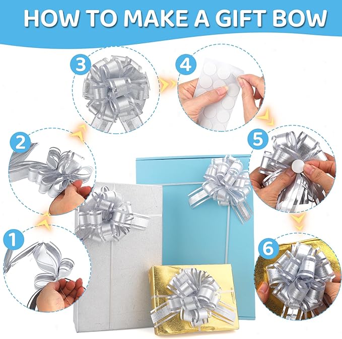 24pcs Silver Pull Bow for Gift Basket Wrapping Xmas Gift Bows Presents Adhesive Wrap Ribbon Bow for Christmas Tree Bottles Bouquet Flower Valentine's Day Party Decor (Silver-G)