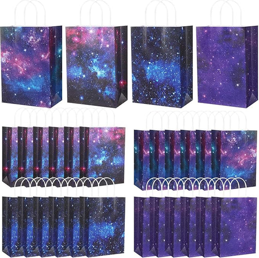 Gaillty 24 Pcs Galaxy Party Favor Bags Starry Sky Goodie Gift Bags with Handles Kraft Paper Galaxy Treat Candy Totes for Space Stars Themed Birthday Party Supplies Decorations