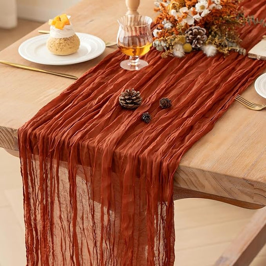 FEXIA Terracotta Cheesecloth Thanksgiving Table Runner 35x120 Inches Orange Red Rust Boho Gauze Christmas Table Runners Burnt for Wedding Decor Reception Bridal Shower Centerpiece
