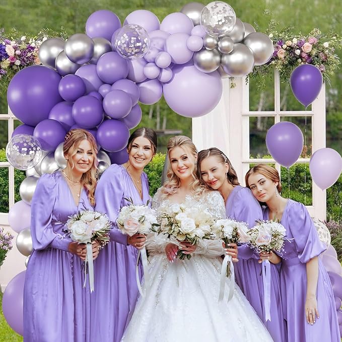 147pcs Purple Balloon Garland Arch Kit, Different Sizes with Dark Purple Light Purple Metallic Silver Confetti Lavender Latex Balloons for Baby Shower Wedding Birthday Party Decorations