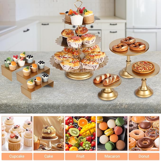 Garvee 7 Pcs Gold Metal Cake Stand Set, Dessert Table Display Set with 3 Sizes Round Pedestal Stands Tiered Cupcake Holder Display Risers for Party, Wedding, Birthday, Baby Shower, Anniversary