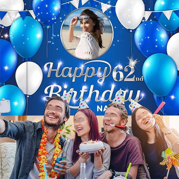 Custom Happy 62nd Birthday Decoration Banner - Personalized Navy Blue Birthday Party Banner in Large Sizes-Custom Photos and Names
