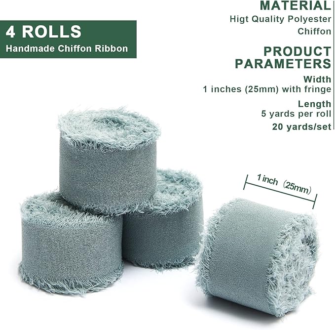 4 Rolls Dusty Blue Handmade Fringe Chiffon Silk Ribbon 1" W x 5Yd Per Roll,Frayed Edges Ribbon Set for Gifts Wrapping,Wedding Invitations,Bouquets,DIY Crafts (1" x20Yd, Dusty Blue)