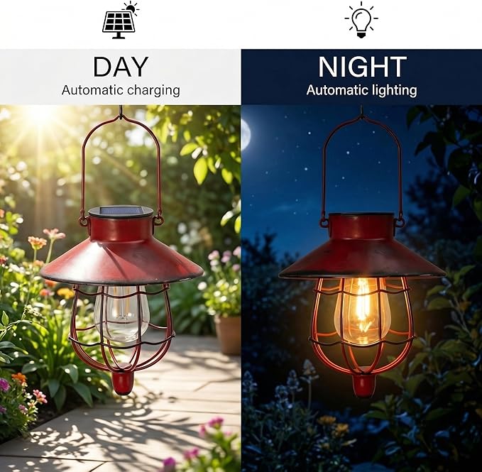 YAKii 2 Pack Solar Lantern Hanging Waterproof Outdoor Metal Solar Lamp with Warm White Light Decorate for Yard Garden Pathway Patio Porch Decor (Red)